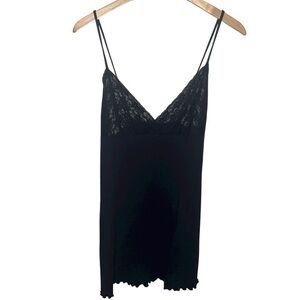 Vintage Petra Fashions Black Ribbed Lace Baby Doll Nightgown Slip Dress Large